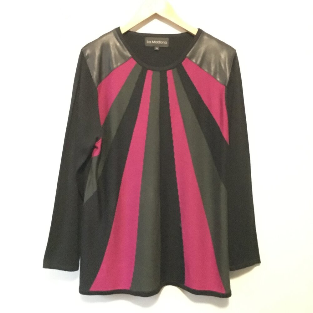 Vintage La Madona Faux Leather Shoulder Art Deco Knit Sweater XL